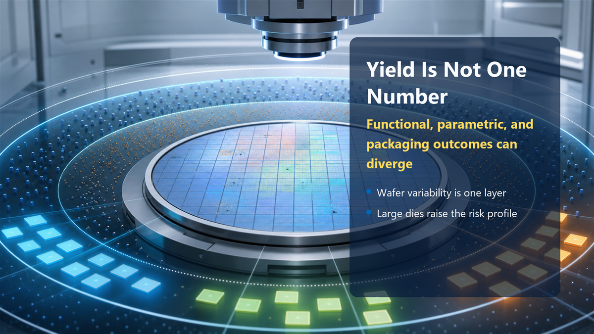 A wafer inspection visual showing yield as multiple layers of variability and chip bins.