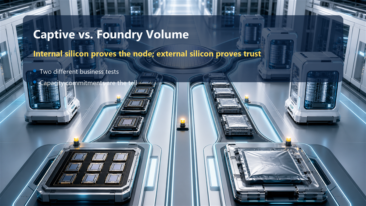 A cleanroom flow split between internal silicon and external foundry commitments.