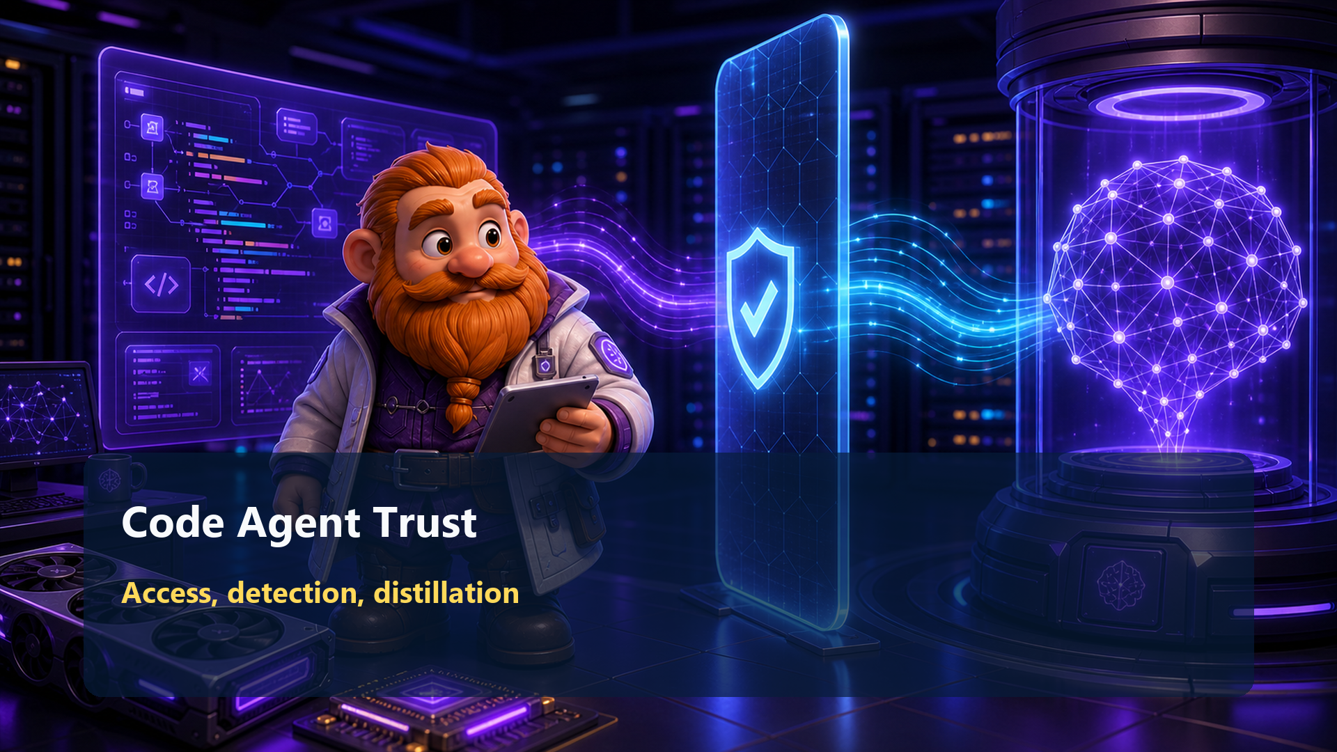Nemothia dwarf AI researcher standing between a coding agent dashboard and a security trust layer