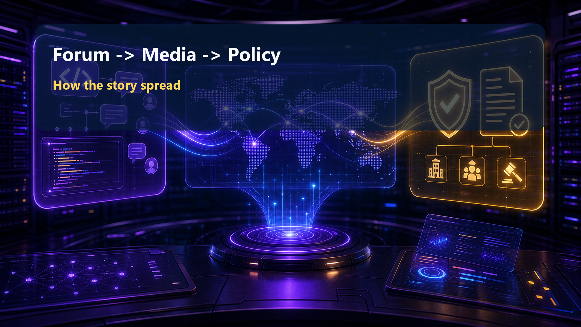 Abstract AI operations room showing a developer forum controversy spreading into global media and enterprise policy