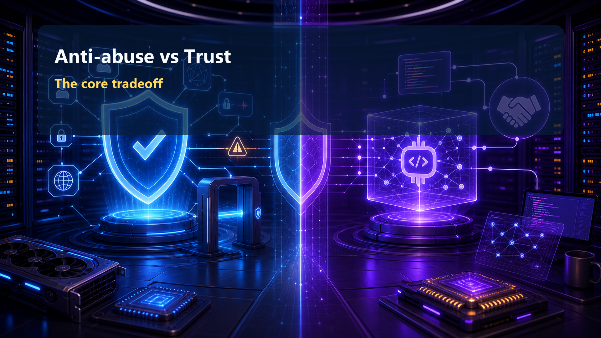 Abstract split-screen AI illustration comparing anti-abuse enforcement with developer trust