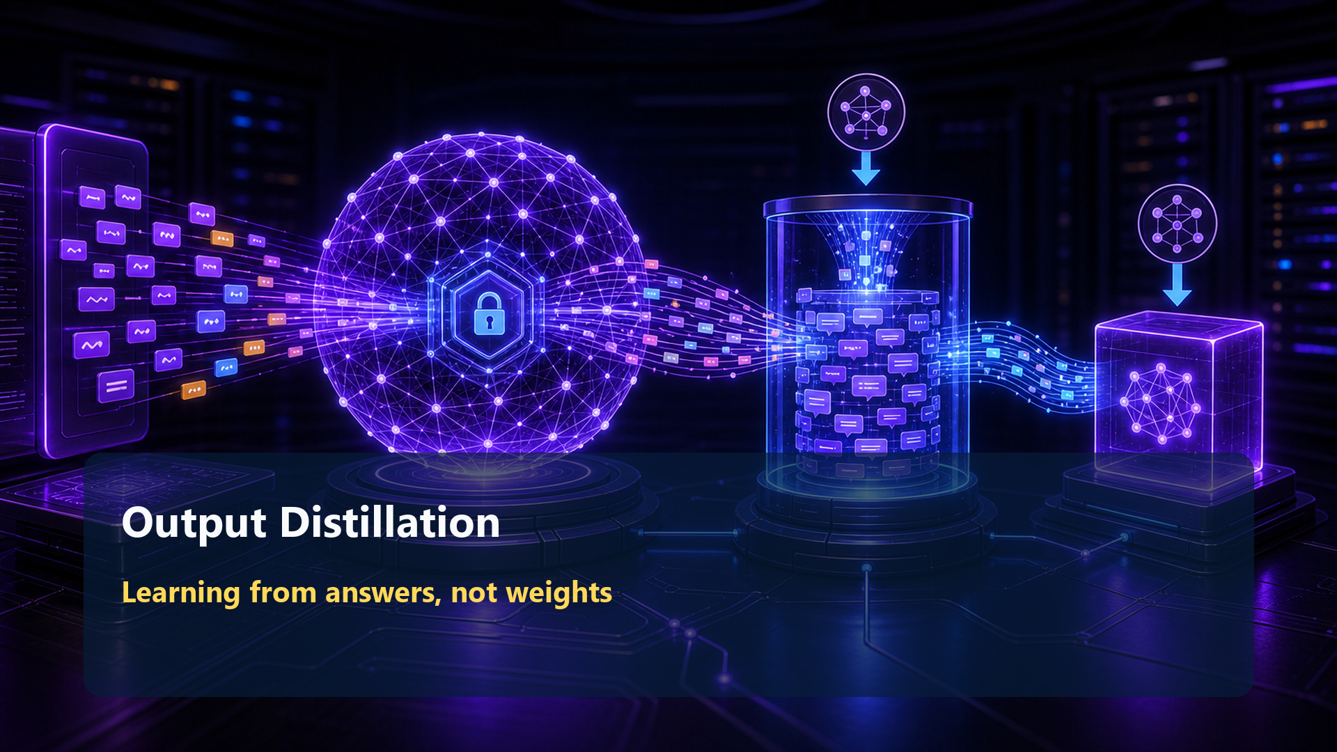 Abstract model distillation loop showing prompts, model outputs, training data, and a smaller model