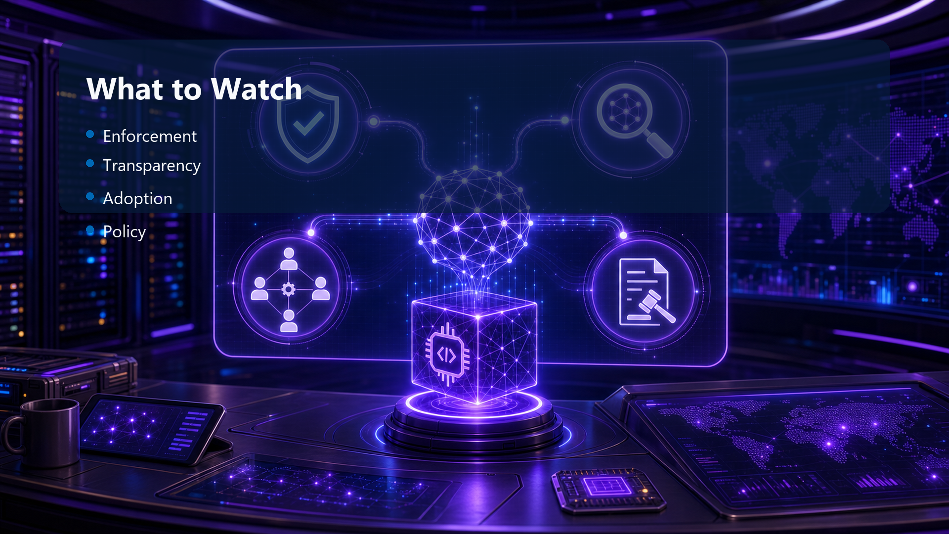 Abstract AI watchlist board with four icon nodes for enforcement, transparency, adoption, and policy