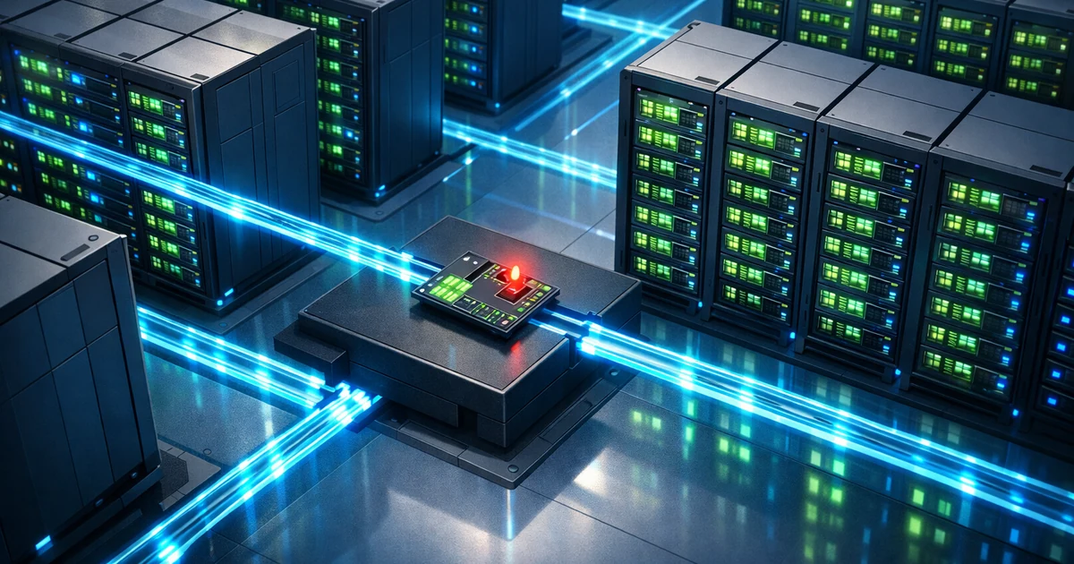 Editorial illustration of GPU server racks and a data center with glowing compute nodes