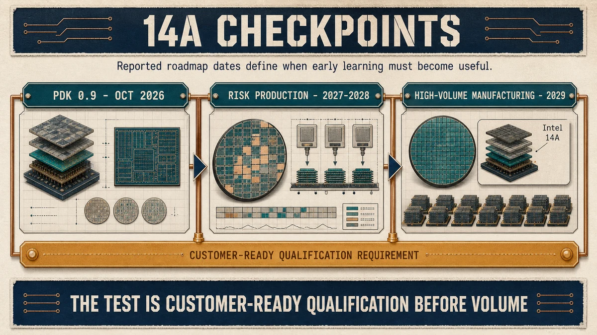 Reported Intel 14A roadmap gates for PDK 0.9, risk production, and high-volume manufacturing, with qualification required before volume.