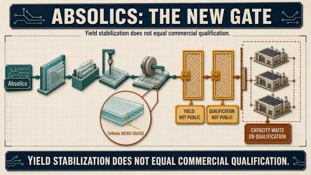 Technical glass processing diagram showing a SeWaRe micro-crack inset and unknown yield and qualification gates before capacity expansion.