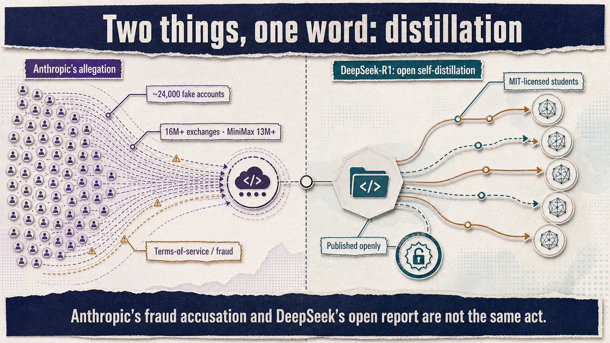 Split comparison: on the left, a dense swarm of fraudulent-account nodes funneling into an API endpoint, labeled as Anthropic's allegation; on the right, a single open repository emitting MIT-licensed student models along clean routes; the word 'distillation' bridges both to show it means two different acts.