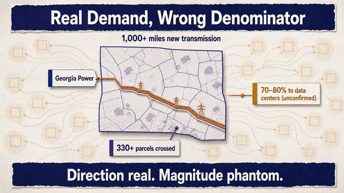 A solid copper transmission-corridor route map crossing parcel outlines and a few houses, set inside a faint field of phantom interconnection filings; labels note 1,000+ miles, 330+ parcels, and an unconfirmed 70–80% data-center share.