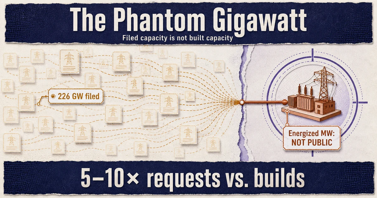 A dense field of faint ghosted interconnection-request nodes labeled 226 GW filed, with one solid copper path energizing into a single built node inside a focus ring; energized capacity marked NOT PUBLIC.