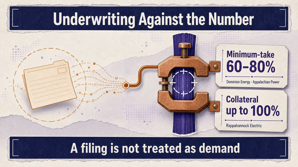 A cheap free-floating interconnection filing on the left; on the right a copper contract clamp closes over it, tagged with 60–80% minimum-take and up to 100% collateral from named utilities.