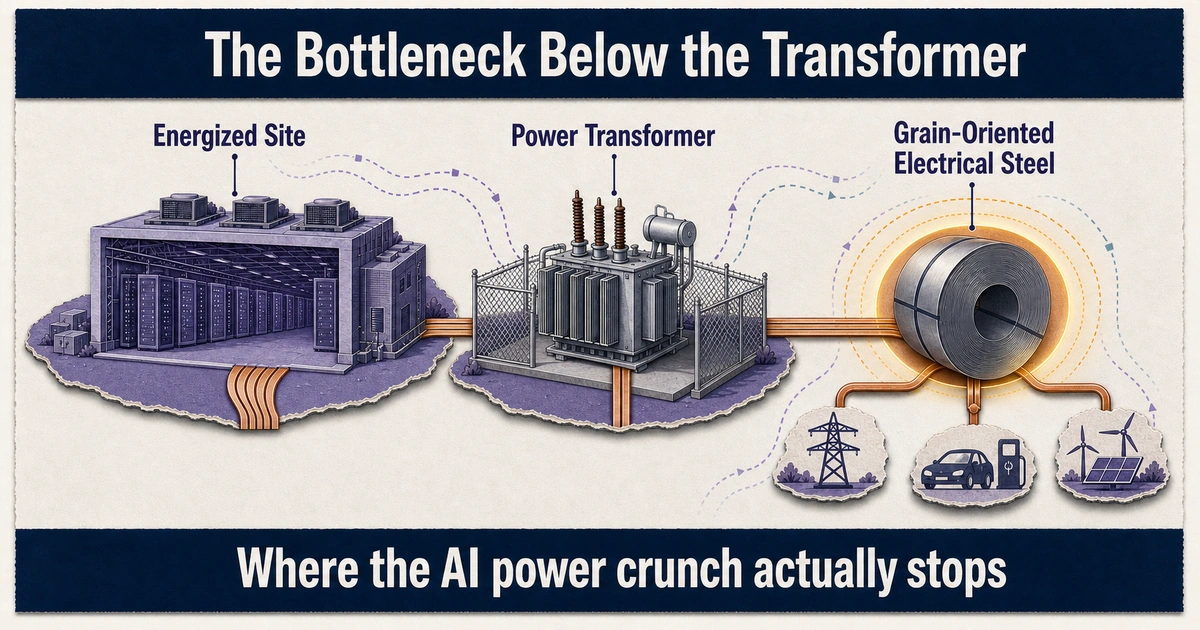 A routed path descends through three nodes — AI data center, power transformer, and a coil of grain-oriented electrical steel highlighted by a focus ring as the chokepoint.