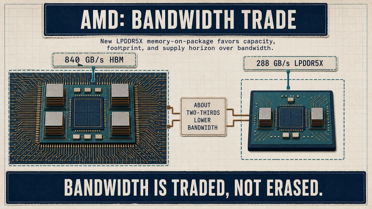 Left-right AMD comparison showing 840 GB/s HBM and 288 GB/s LPDDR5X, labeled as about two-thirds lower bandwidth.