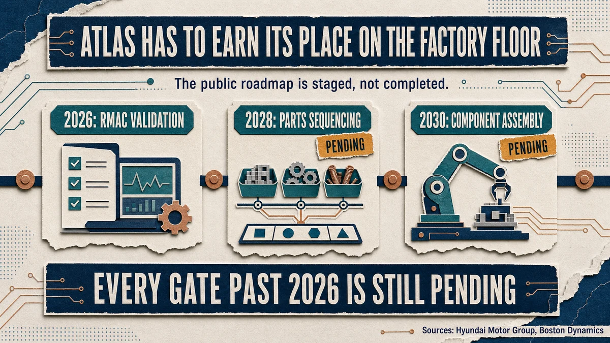 Paper-cut timeline of Atlas validation in 2026, parts sequencing in 2028 and component assembly in 2030, with pending technical and business gates.