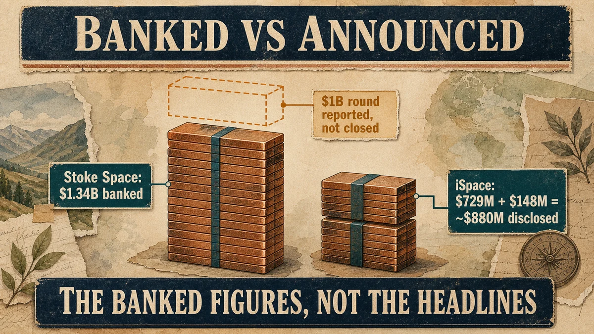 Two money stacks compared: a tall Stoke Space column of $1.34B banked with a detached dashed block above it for a $1B round not yet closed, and an iSpace column of $729M plus $148M totalling about $880M disclosed.