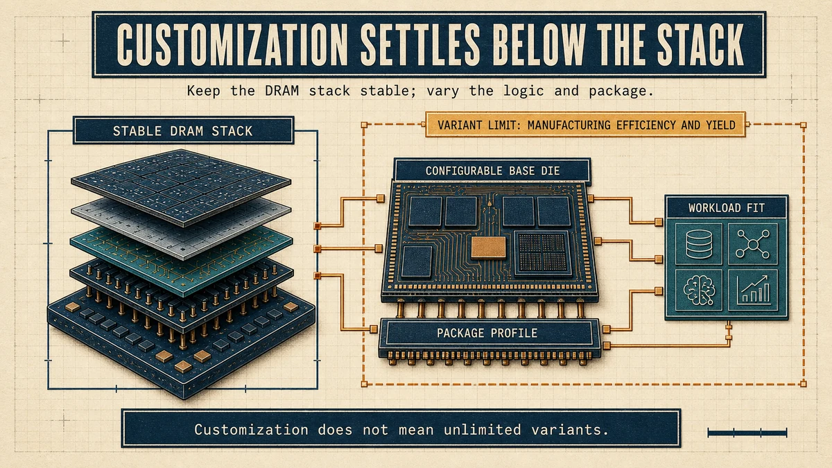 Split engineering diagram showing a stable DRAM stack on one side and a configurable base die and package profile on the other, bounded by manufacturing efficiency and yield limits.