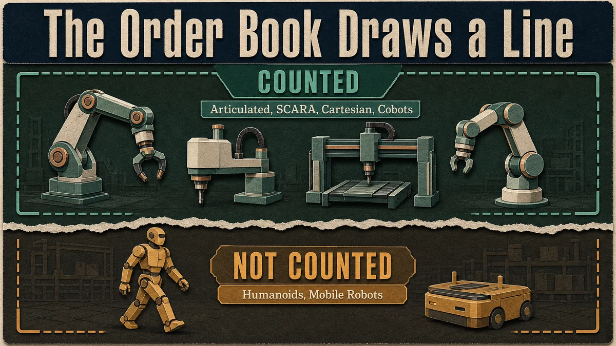 A top-bottom diagram: inside a boundary line, cutouts of articulated, SCARA, Cartesian and collaborative arms labeled counted; below and outside the line, humanoid and mobile-robot silhouettes labeled not counted.