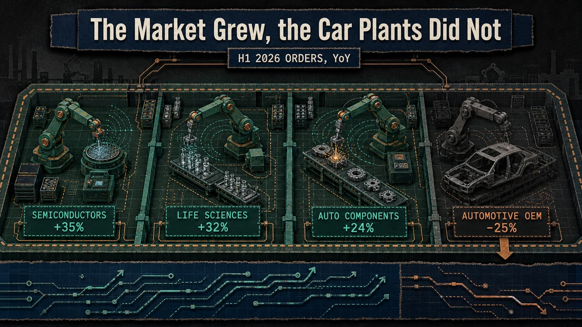 A grid of factory bays by sector: semiconductors +35%, life sciences +32%, auto components +24% shown busy and green, automotive OEM -25% shown dimmed with a downward marker.