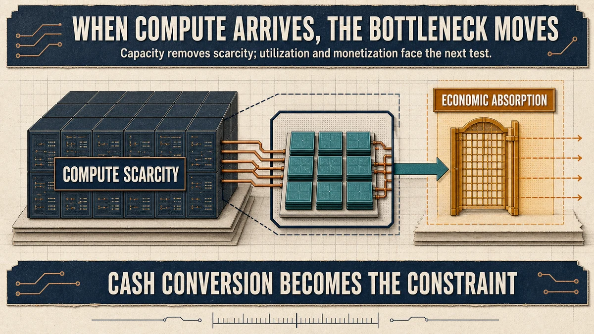 Technical mechanism diagram showing compute scarcity giving way to an economic-absorption gate labeled utilization and monetization, with cash conversion identified as the next constraint.
