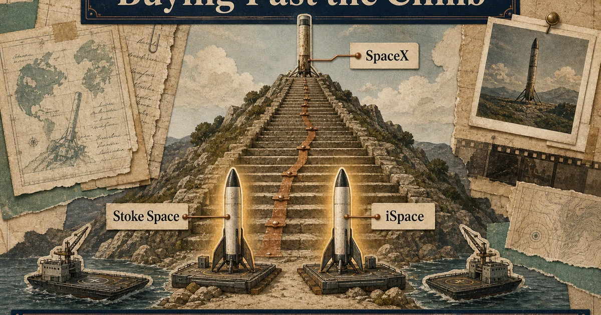 An illustrated scene: two small rockets with waiting recovery ships stand at the foot of a long staircase, while a single older booster stands alone far up at the top.