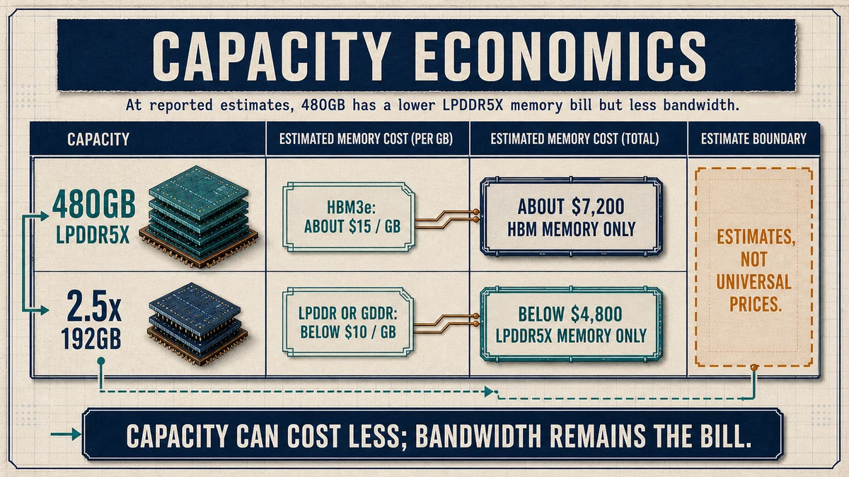Matrix comparing 480GB LPDDR5X with 192GB, estimated HBM3e and LPDDR or GDDR price bands, and memory-only estimates of about $7,200 versus below $4,800.