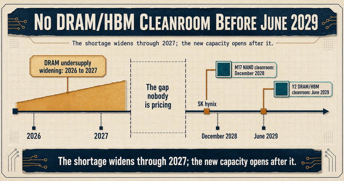 A split timeline: an amber shortage band widening across 2026 to 2027 on the left, a labeled gap, and two teal cleanroom date markers, December 2028 and June 2029, far to the right.