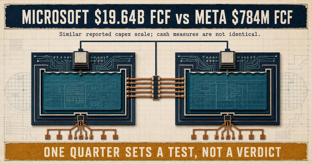 Engineering-style split comparison showing Microsoft reported free cash flow of $19.64 billion versus Meta reported free cash flow of $784 million, with a note that the cash measures are not identical.