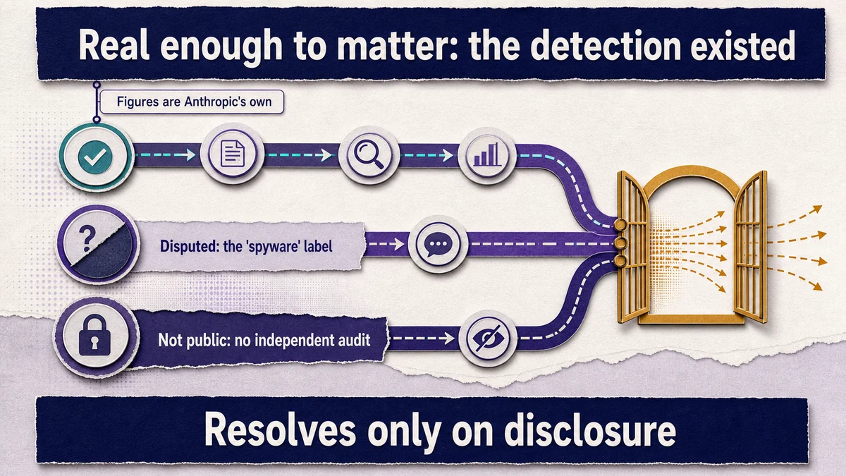 Three stacked bands — established, disputed, and not public — feeding a single amber gate labeled 'resolves only on disclosure'.