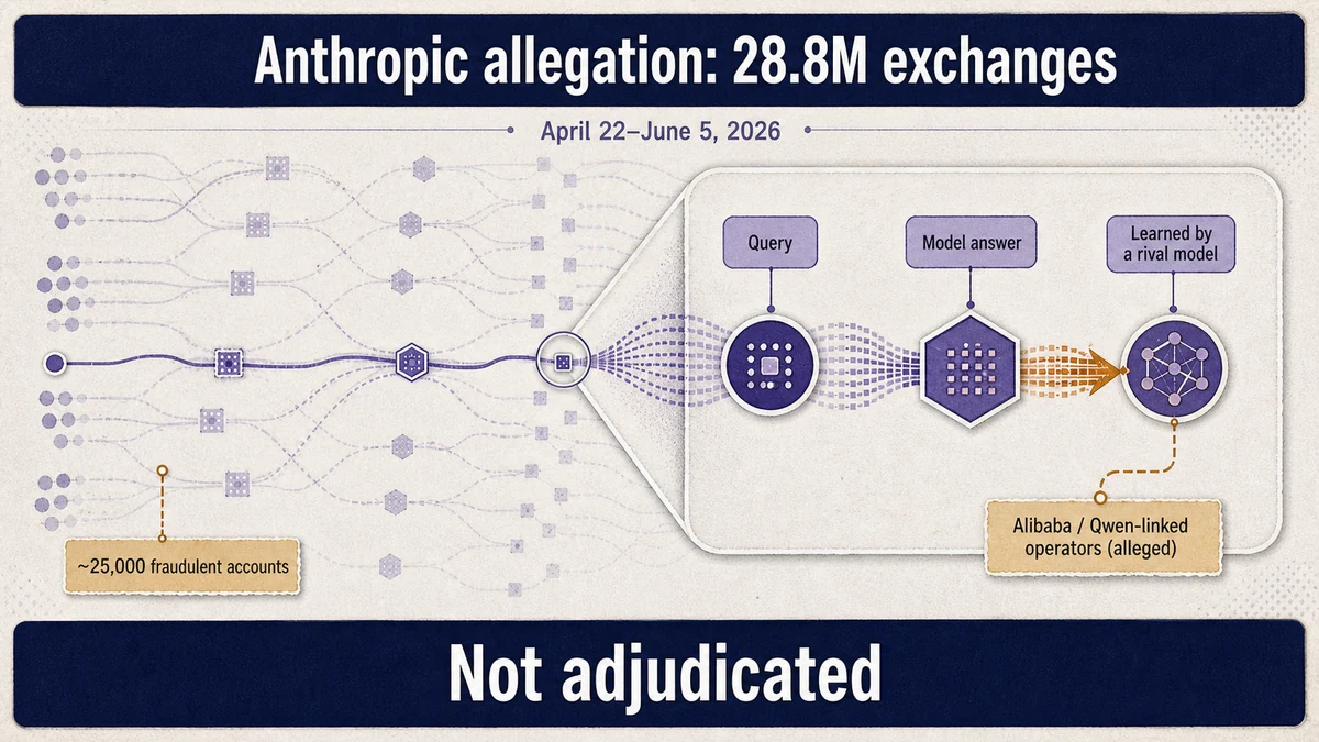 A faint field of many query-answer exchanges with one magnified inset showing a query, a model answer, and a rival model learning from it, tagged as an unadjudicated Anthropic allegation.