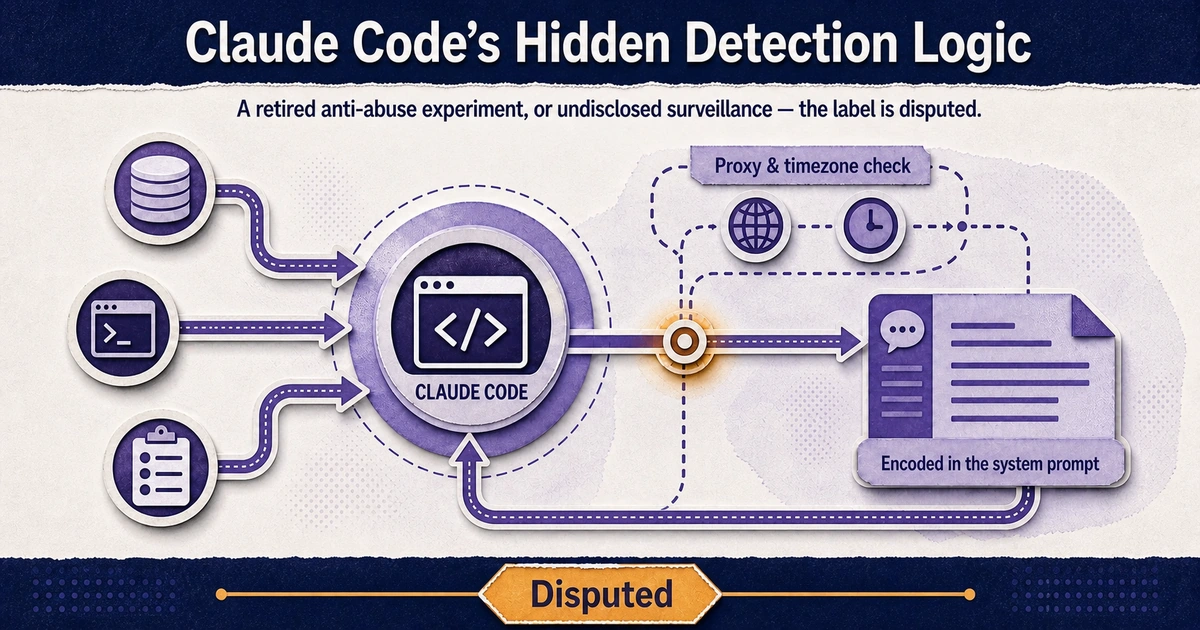 A diagram shows account, proxy and timezone signals flowing into Claude Code detection logic, with the surveillance interpretation marked as disputed.