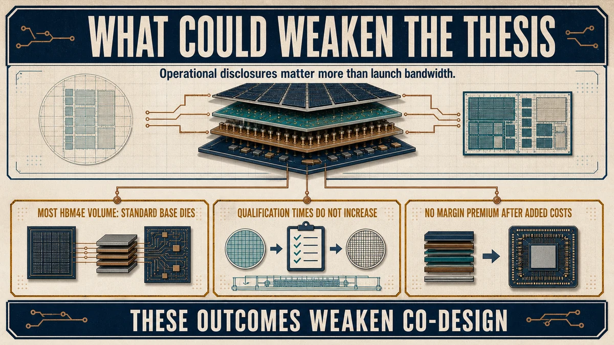 Technical validation plate showing three conditions that would weaken the HBM4 co-design thesis: standard base-die volume, unchanged qualification times, and no margin premium after added costs.