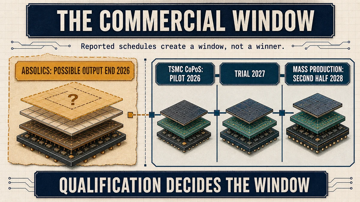 Split technical timeline comparing Absolics possible end-2026 commercial output with TSMC CoPoS milestones through second-half 2028.