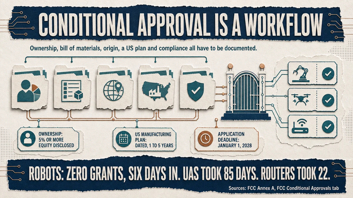 Five evidence dossiers—ownership, bill of materials, origin, US plan and compliance—feeding a conditional approval gate.