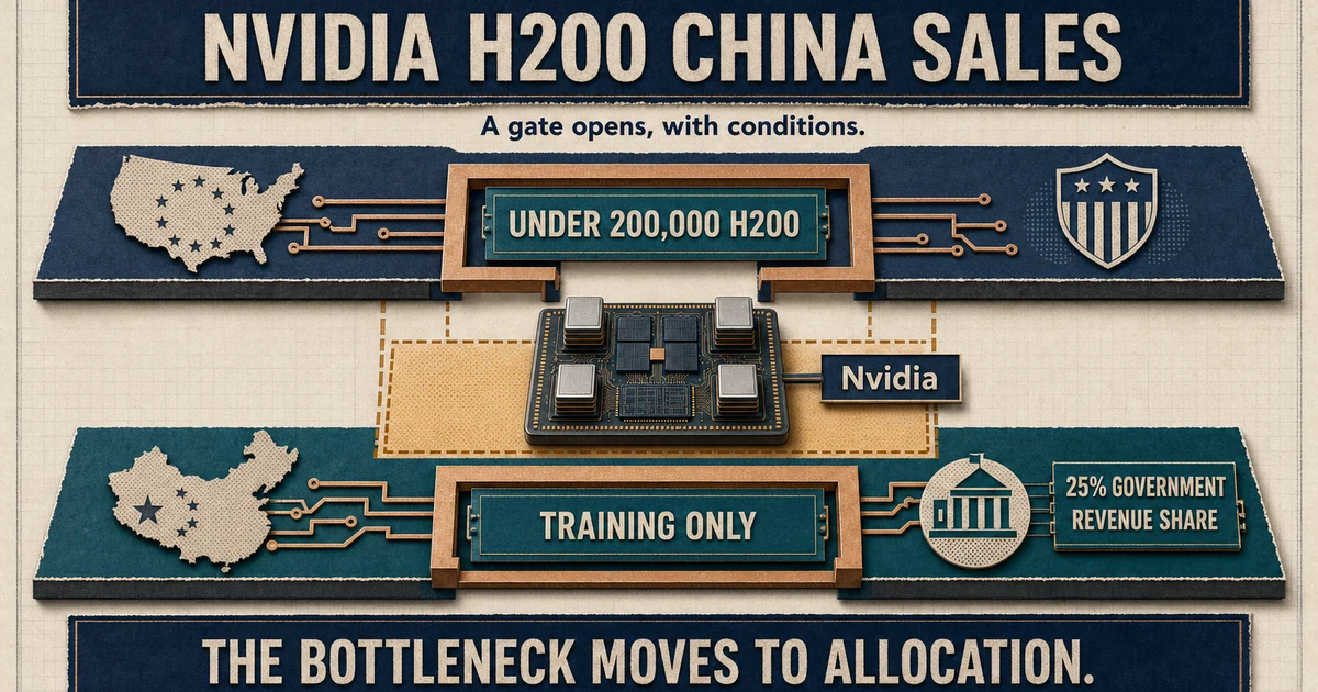 Engineering diagram of a partially opened two-layer policy gate for Nvidia H200 sales to China, labeled under 200,000 H200, training only, and 25% government revenue share.