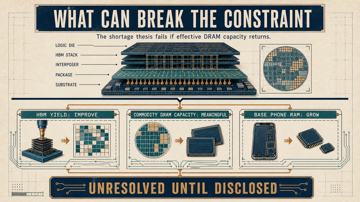 Failure-boundary diagram showing three unresolved tests that could weaken the DRAM shortage thesis.