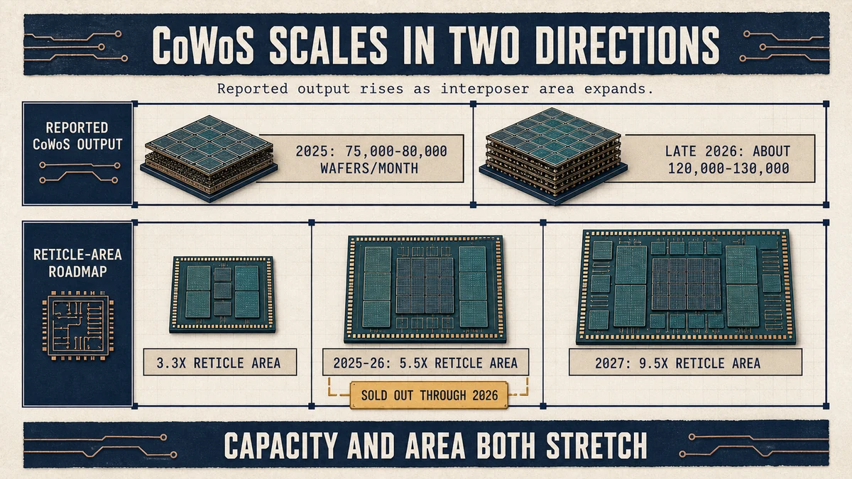 Technical roadmap grid showing reported CoWoS output ranges and reticle-area expansion from 3.3X to 9.5X.