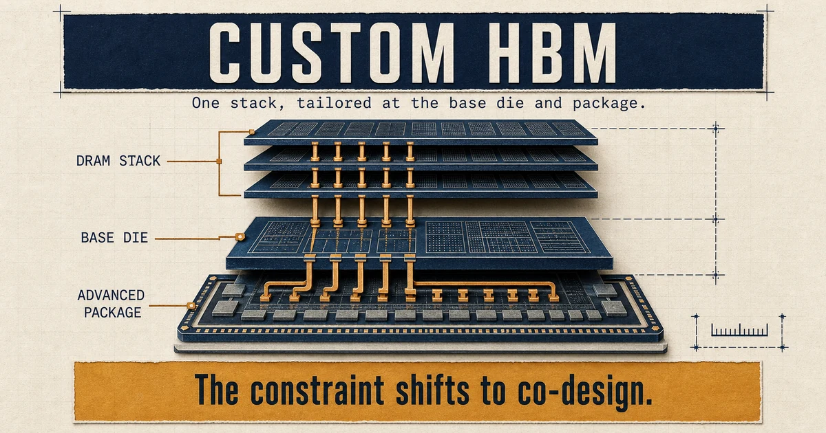 Exploded engineering diagram of an HBM stack showing DRAM layers above a base die and advanced package, with the constraint shifting toward co-design.