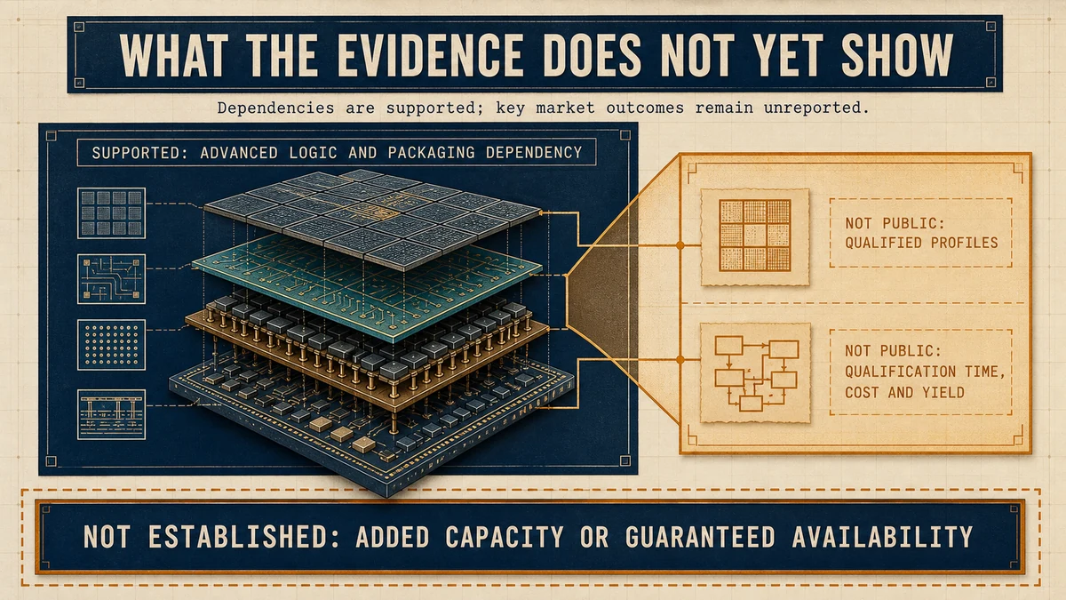 Evidence-boundary diagram separating supported logic and packaging dependencies from unpublished qualification and economics values and unestablished capacity or availability conclusions.