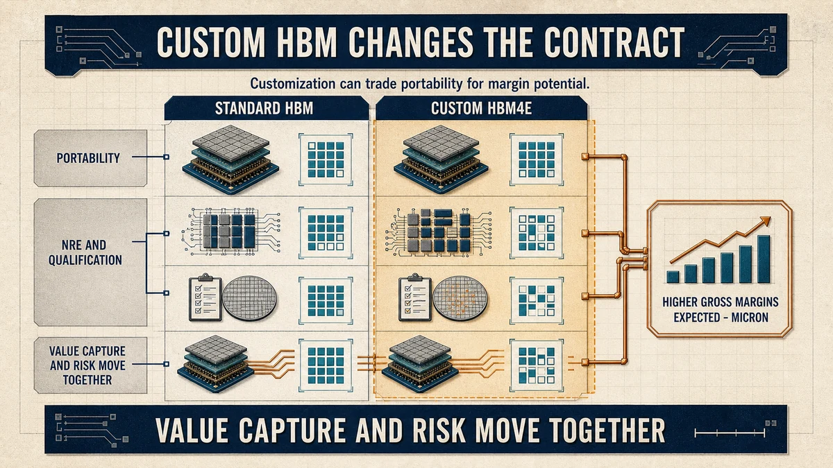 Technical comparison matrix contrasting standard HBM and custom HBM4E across portability, engineering and qualification burden, and margin expectation, attributed to Micron.