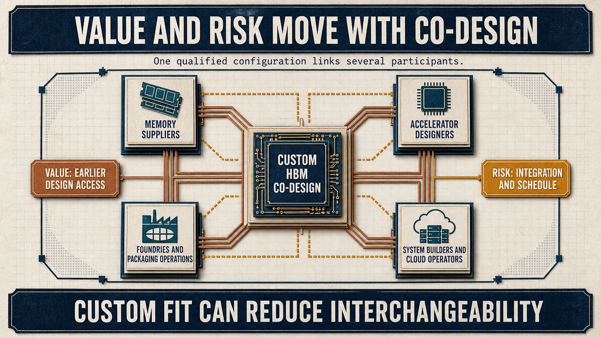 Radial diagram centered on custom HBM co-design, linking memory suppliers, accelerator designers, foundries and packaging operations, and system builders and cloud operators through value and schedule-risk connections.
