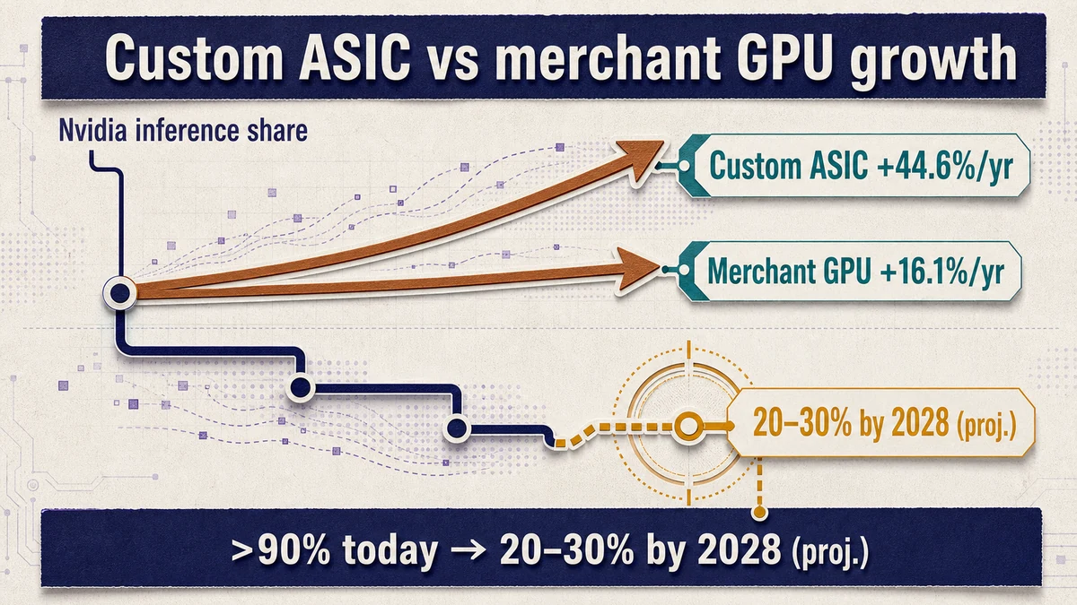 Top-bottom figure: custom ASIC growth (+44.6%) far outpacing merchant GPUs (+16.1%), and Nvidia's inference share projected to fall from over 90% toward 20–30% by 2028.