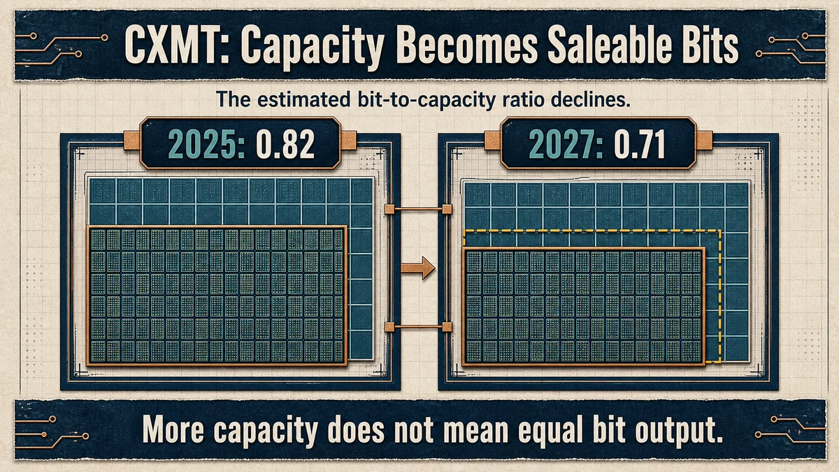 Left-right comparison showing CXMT's estimated bit-to-capacity ratio declining from 0.82 in 2025 to 0.71 in 2027.