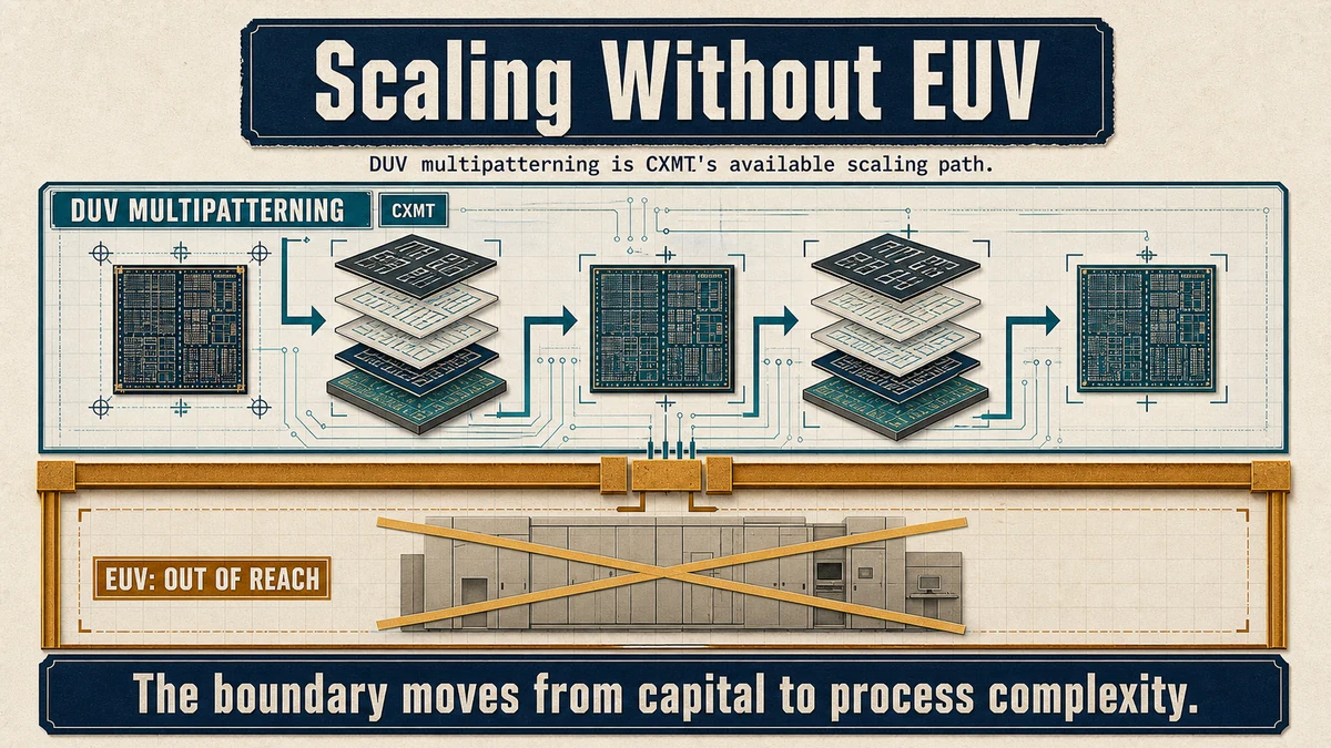 Top-bottom semiconductor process diagram showing DUV multipatterning above an amber boundary labeled EUV out of reach.