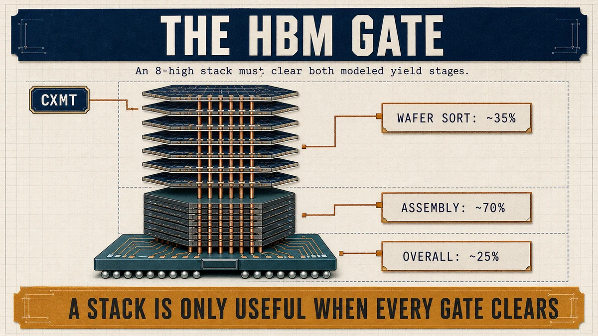 Exploded eight-layer HBM3 stack with modeled CXMT wafer-sort yield of about 35 percent, assembly yield of about 70 percent and overall yield of about 25 percent.