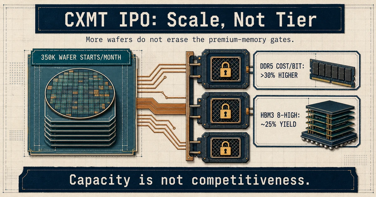 Engineering diagram showing CXMT capacity expansion on the left and premium-memory cost and yield gates on the right.