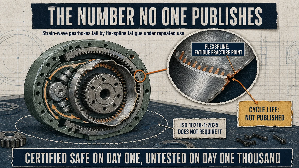 Cutaway of a strain-wave gearbox with an inset detail of the thin flexspline cup, its fatigue-fracture point marked; an amber card labels the cycle life as not published, with a note that the safety standard does not require it.