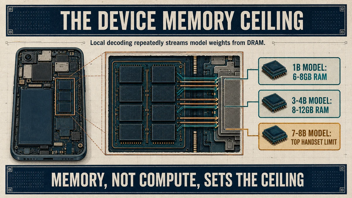Phone memory cutaway showing local model tiers that require increasing RAM and repeated DRAM weight streaming.