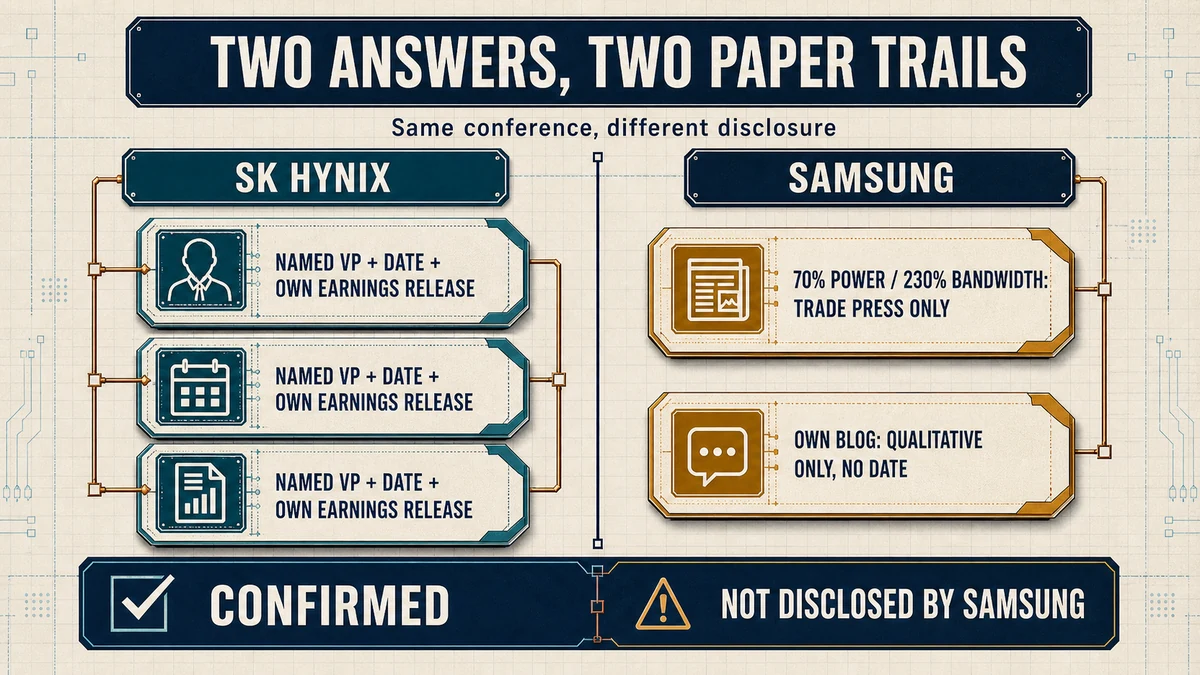 Two-column comparison: SK hynix with a named VP, a date and its own earnings release marked confirmed; Samsung with 70 percent power and 230 percent bandwidth figures marked not disclosed by Samsung itself.