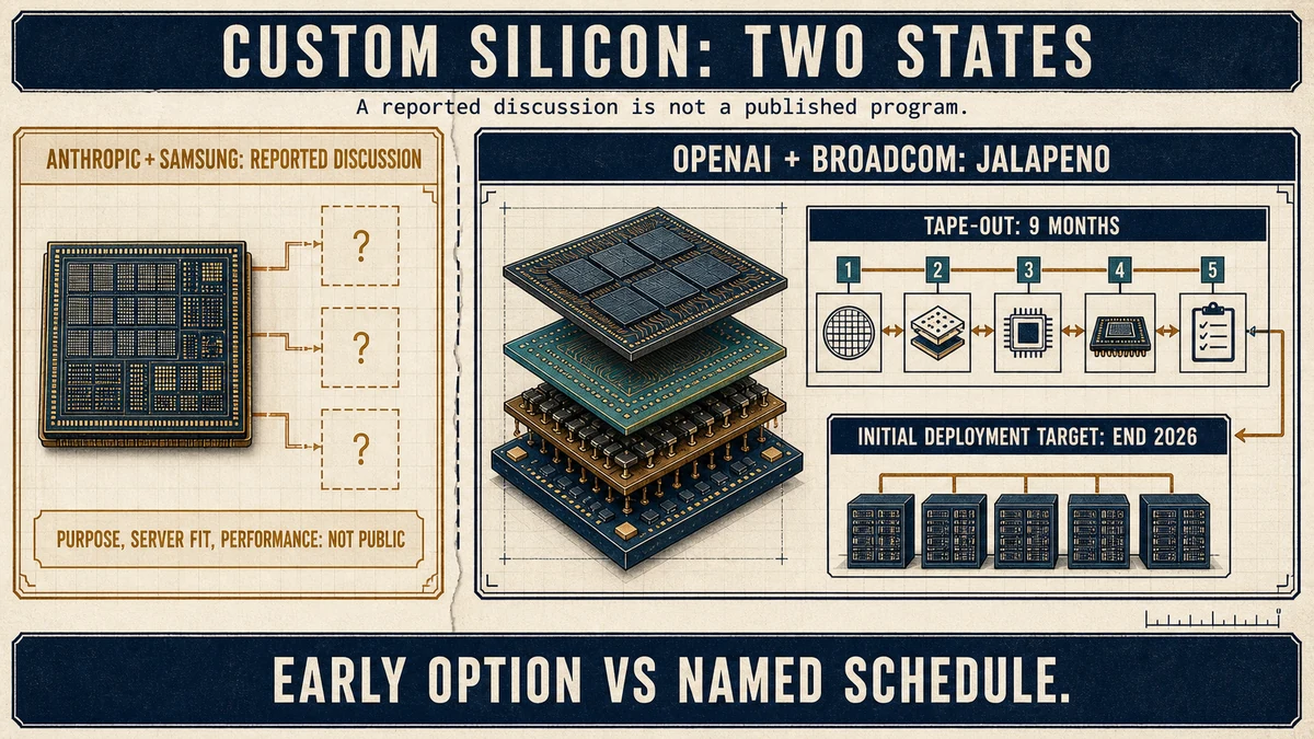 Split technical comparison of the reported Anthropic-Samsung discussion and OpenAI Broadcom Jalapeno, showing undisclosed fields versus published timing.