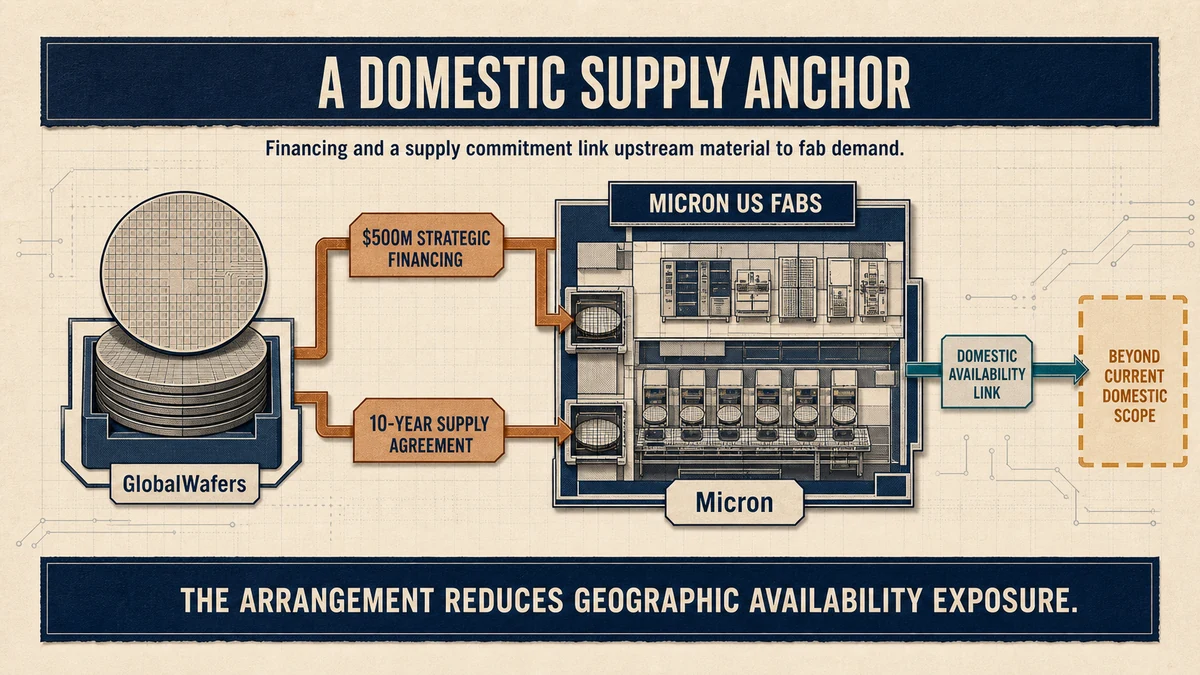 Radial supply-chain diagram linking GlobalWafers raw-wafer supply, Micron's $500 million financing, a 10-year supply agreement, and Micron US fabs.