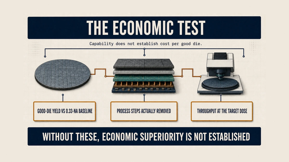 Top-bottom validation diagram showing three unpublished measurement categories required before High-NA economic superiority can be established.